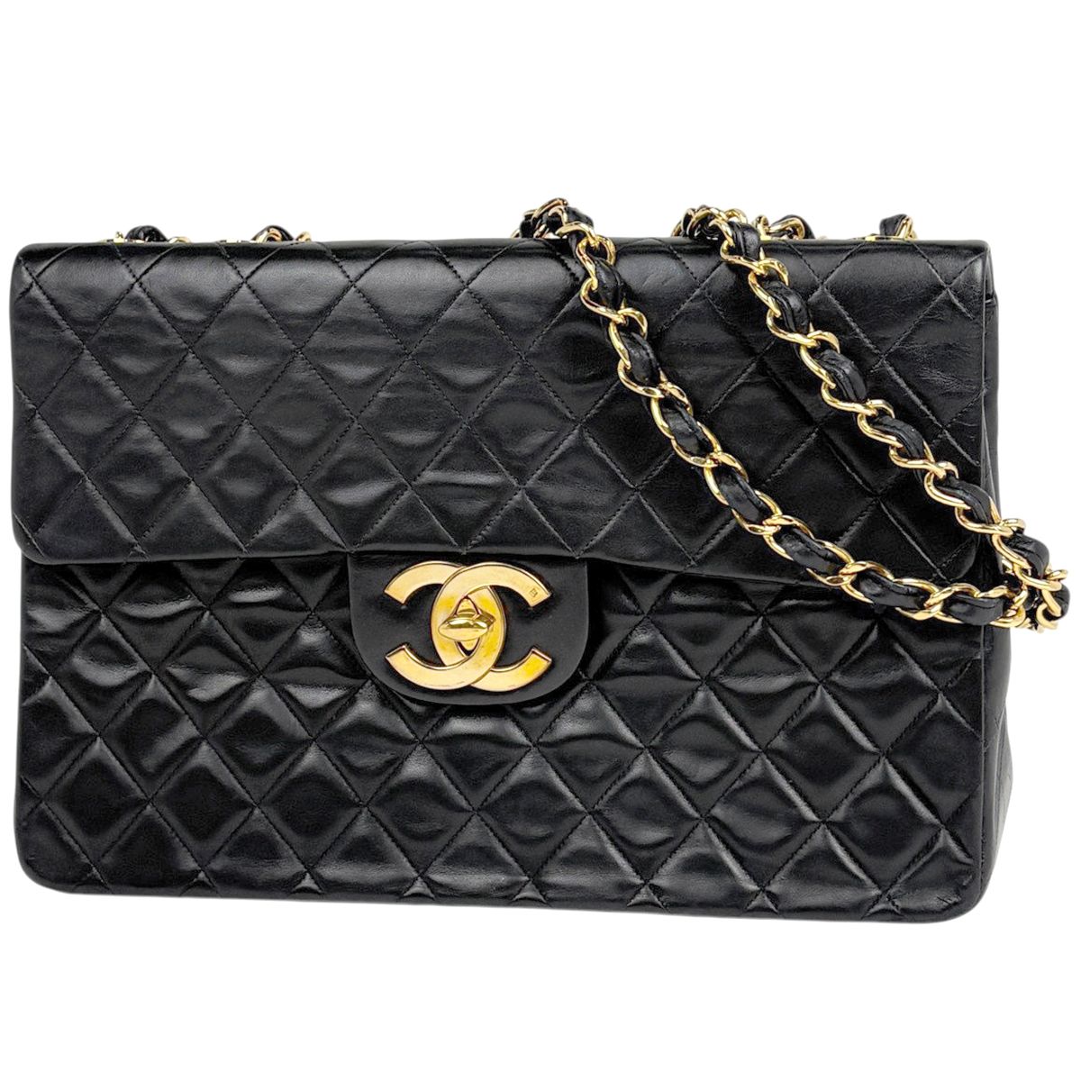 Chanel Big Quilted Single Flap Chain Shoulder Bag CC Logo Leather Black