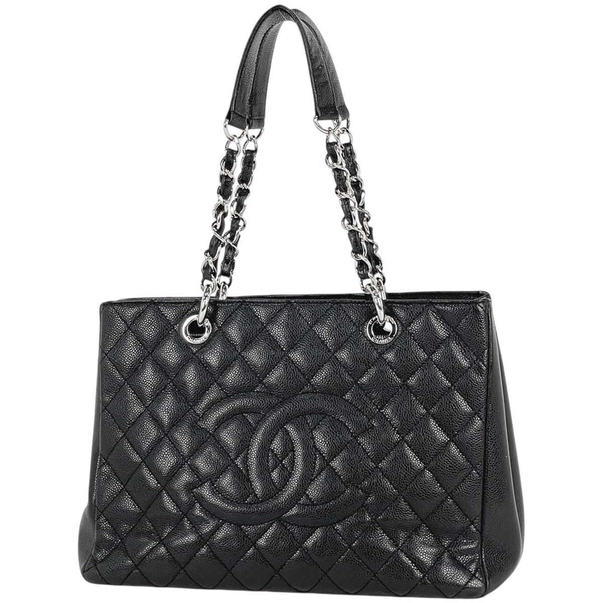 Chanel CC Logo Chain Tote Quilted Grand Shopping GST Caviar Leather Black