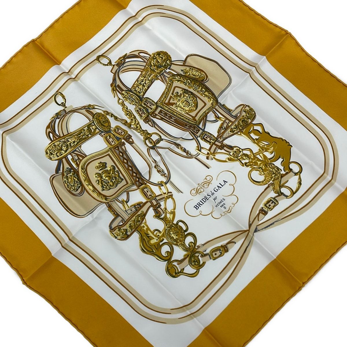 Hermes Scarf Petit Carre Dark Yellow White Gold Brides de Gala