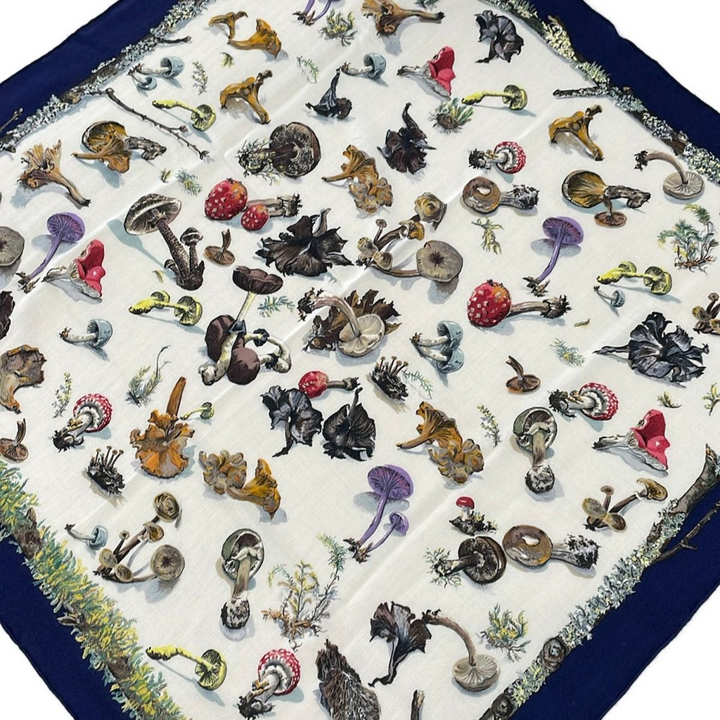 Hermes Scarf Carre 90 Navy White Multi Champignon Mushroom