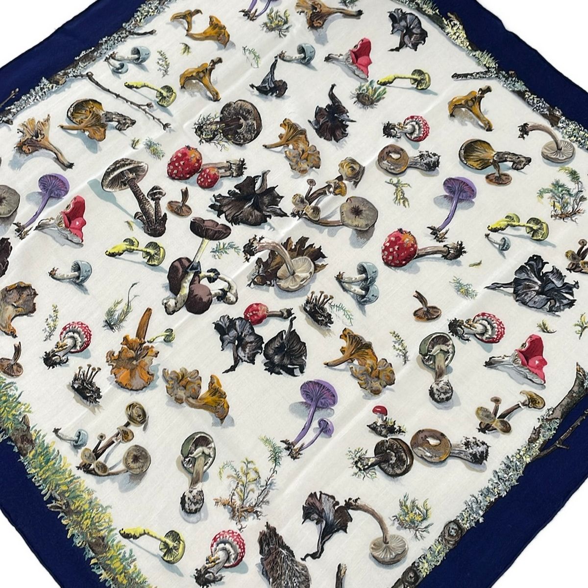 Hermes Scarf Carre 90 Navy White Multi Champignon Mushroom