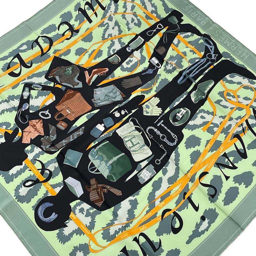 Hermes Scarf Carre 90 Light Green Black Multi Monsieur Et Madame & Silk