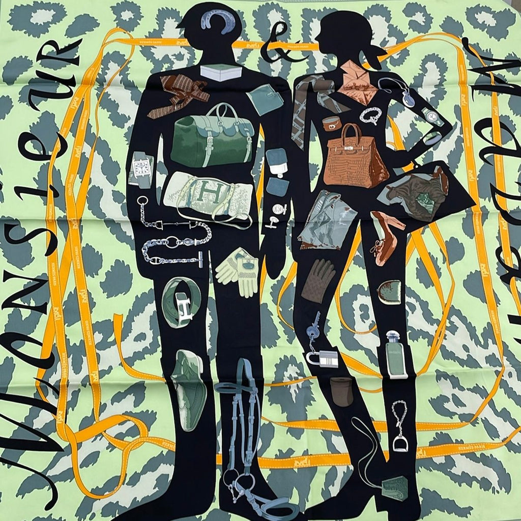Hermes Scarf Carre 90 Light Green Black Multi Monsieur Et Madame & Silk — view 4
