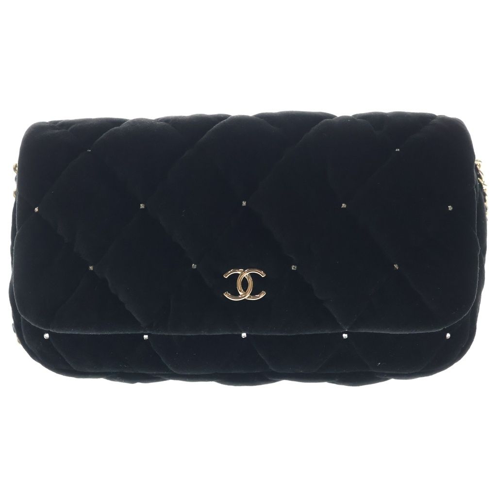 Chanel Pre Collection Chain Shoulder Bag Black Velvet Strass Silver