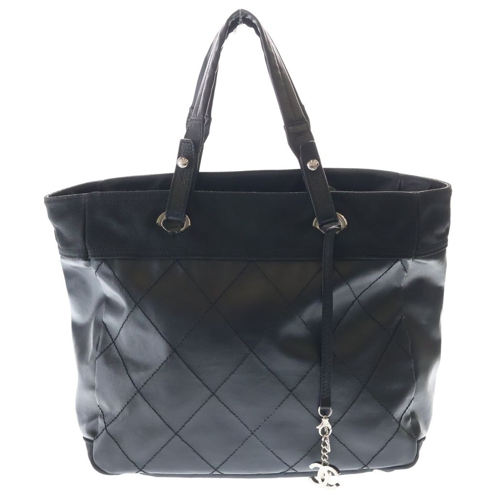 Chanel Paris Biarritz CC Logo Quilted Leather Tote Black