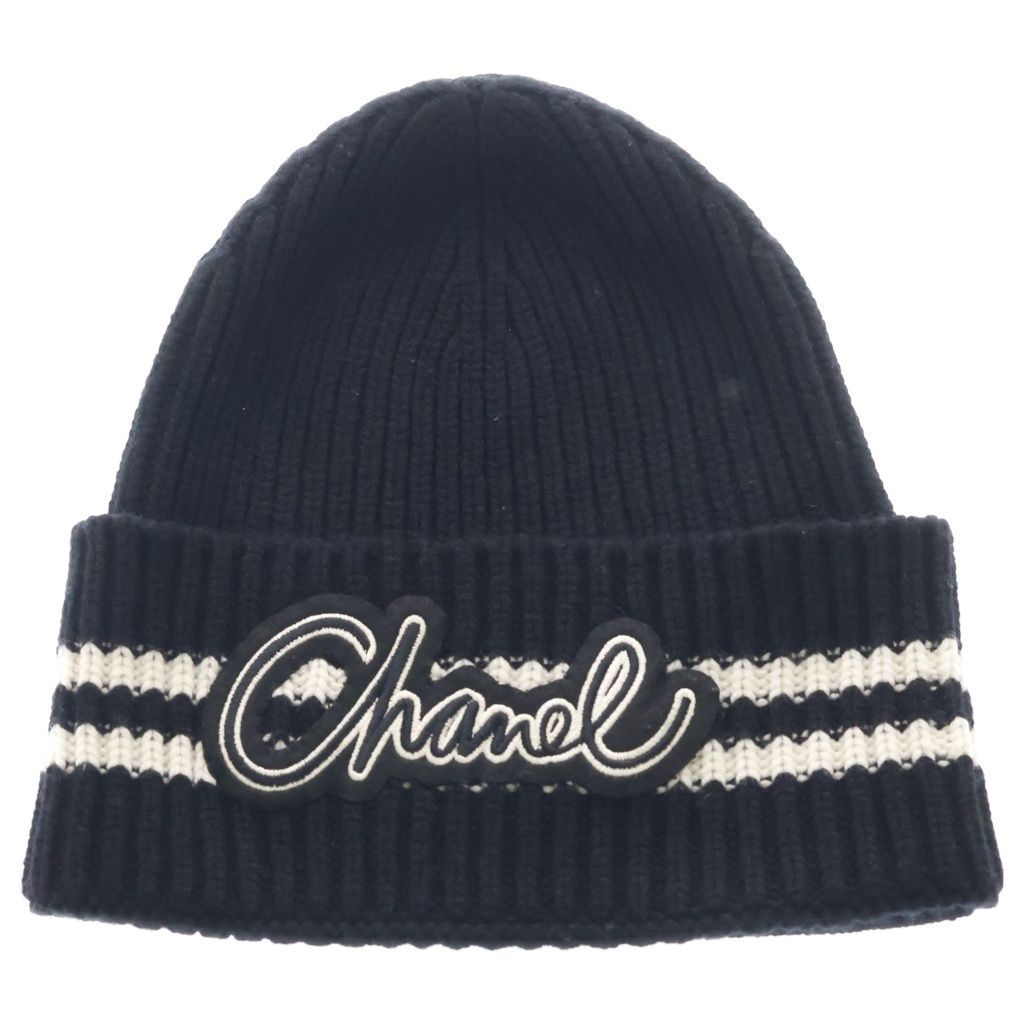 Chanel AW Logo Patch Cashmere Knit Cap Black