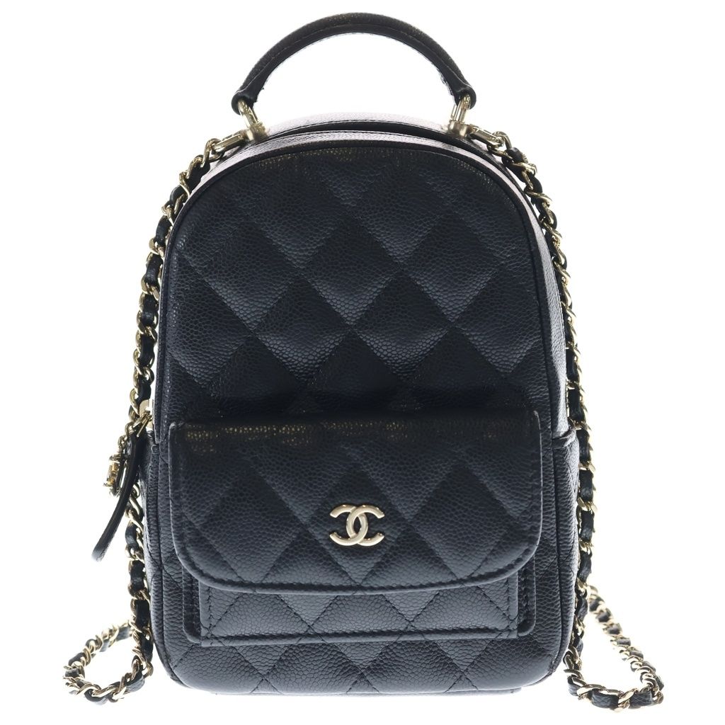 Chanel Quilted Chain Mini Backpack Black Caviar Leather Gold