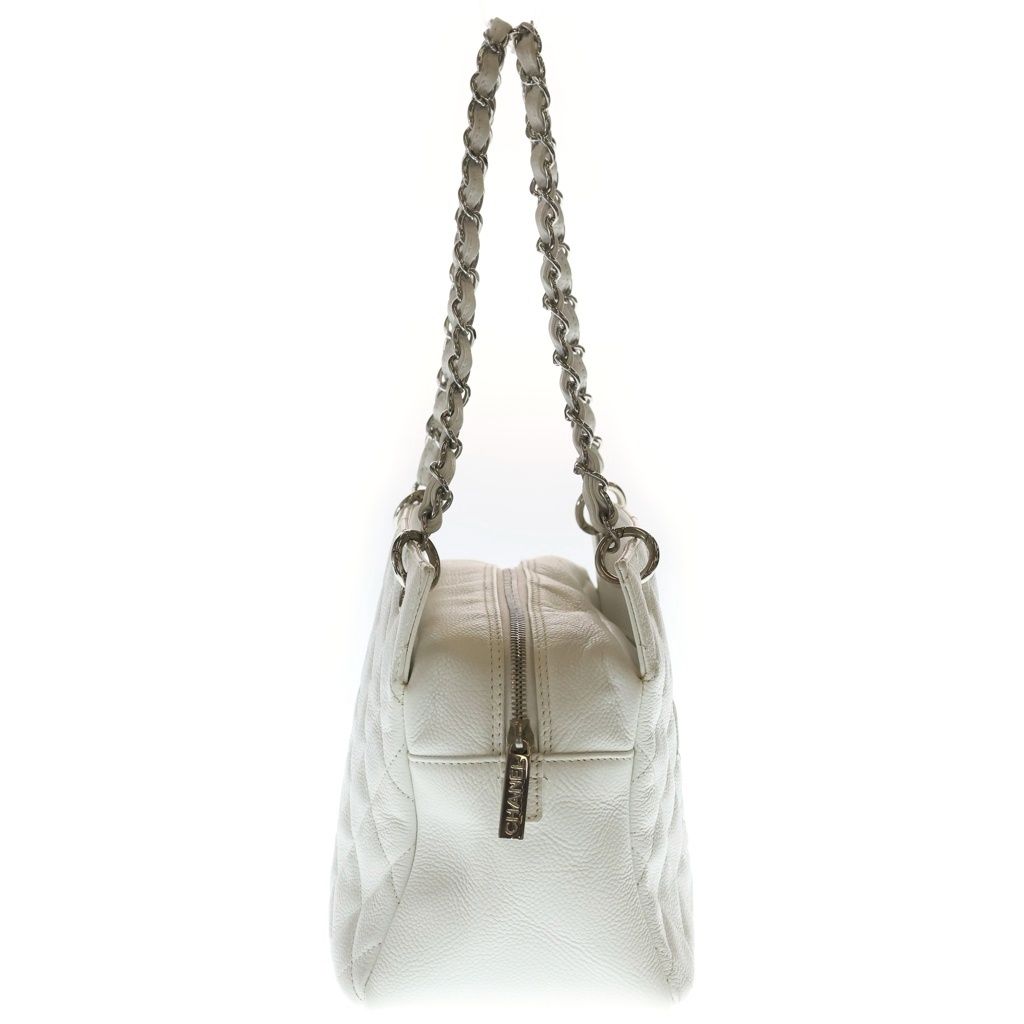 Chanel Quilted Petit Timeless Chain Shoulder Bag White Caviar Leather Silver — view 3