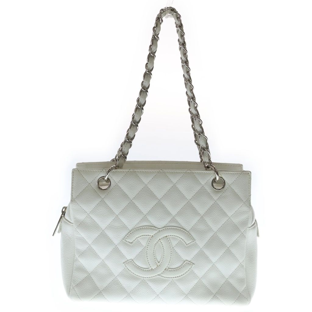 Chanel Quilted Petit Timeless Chain Shoulder Bag White Caviar Leather Silver