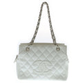 Chanel Quilted Petit Timeless Chain Shoulder Bag White Caviar Leather Silver