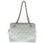 Chanel Quilted Petit Timeless Chain Shoulder Bag White Caviar Leather Silver
