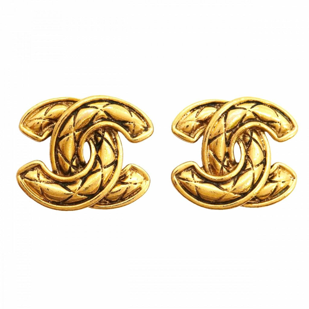 Chanel Earrings Vintage CC Logo Quilted Gold Plated