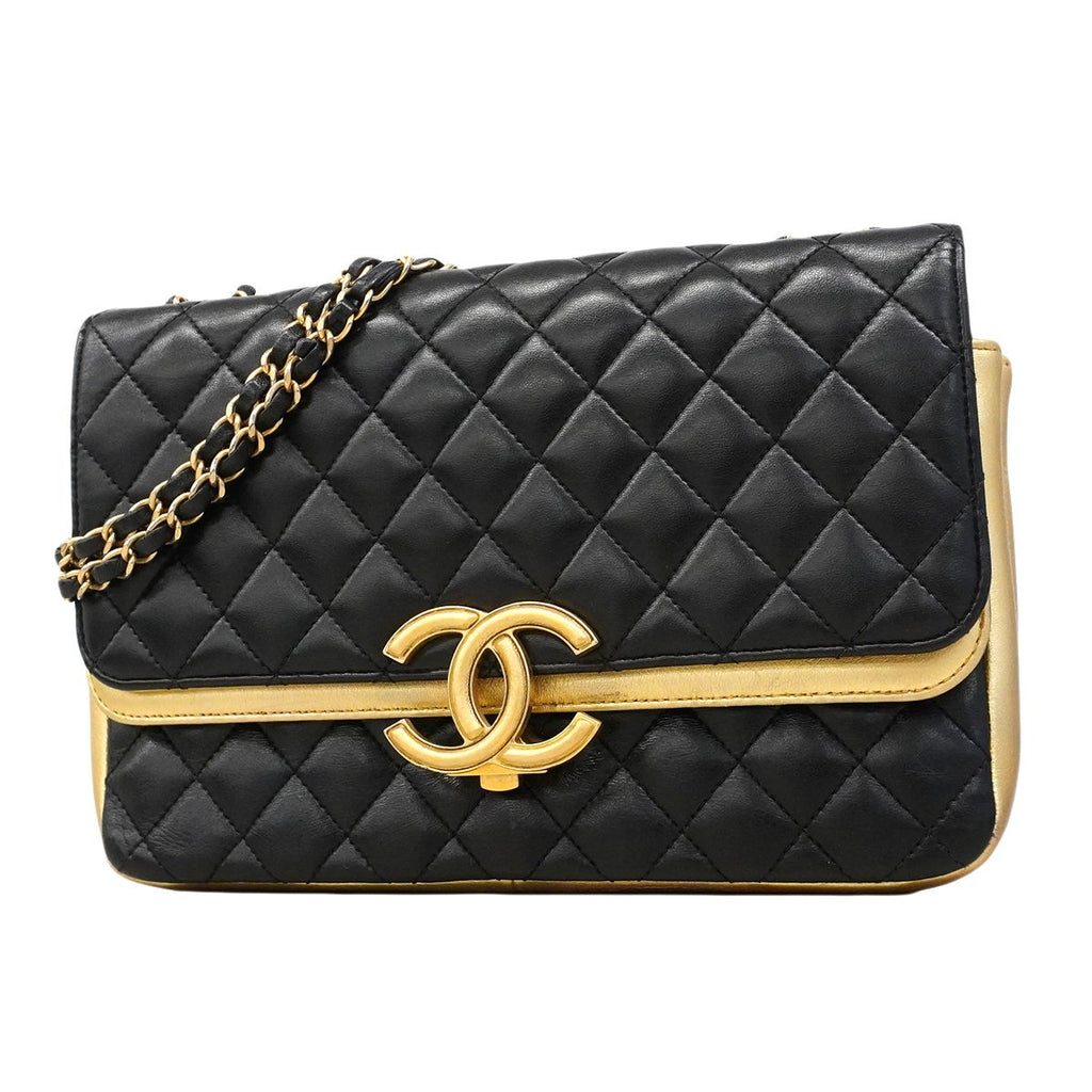 Chanel Shoulder Bag Quilted Lambskin Black Gold