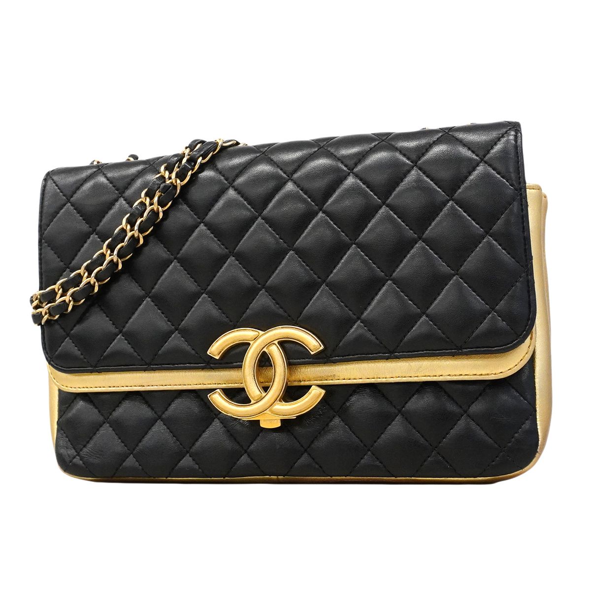 Chanel Shoulder Bag Quilted Lambskin Black Gold