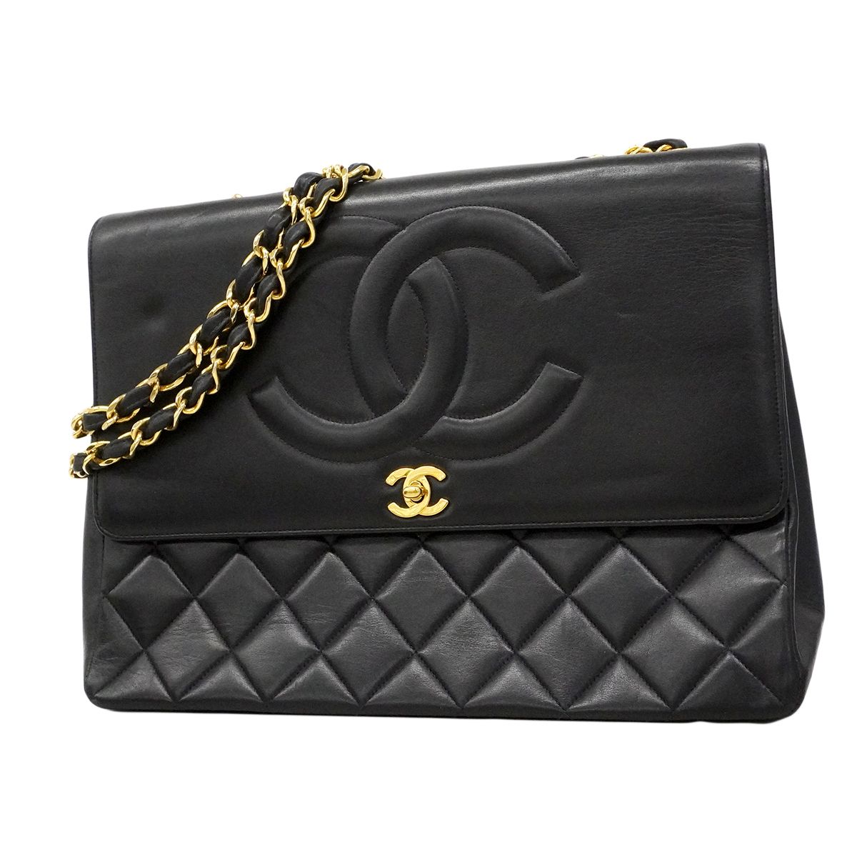 Chanel Shoulder Bag Deca Quilted Lambskin Black Gold