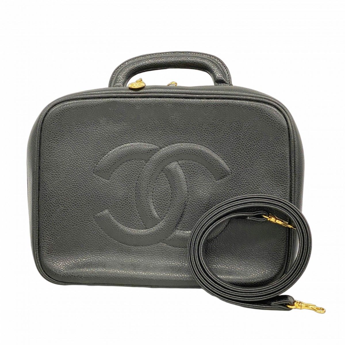 Chanel Vanity Bag Caviar Leather Black Gold 2-Way