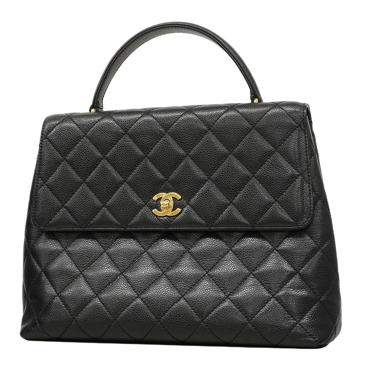 Chanel Handbag Quilted Caviar Leather Black Gold