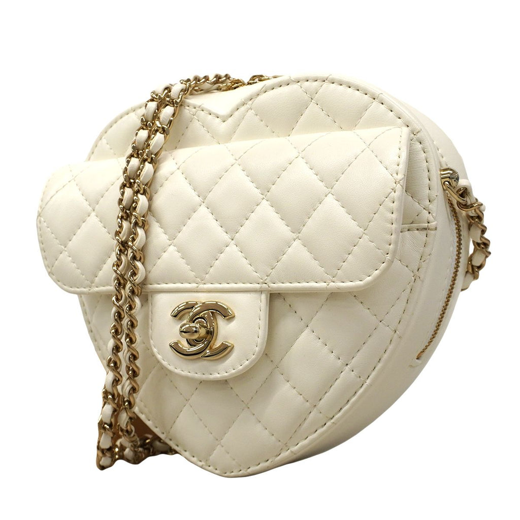 Chanel Shoulder Bag Quilted Lambskin White Champagne Gold