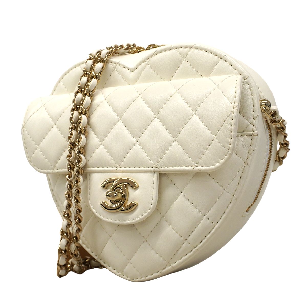 Chanel Shoulder Bag Quilted Lambskin White Champagne Gold