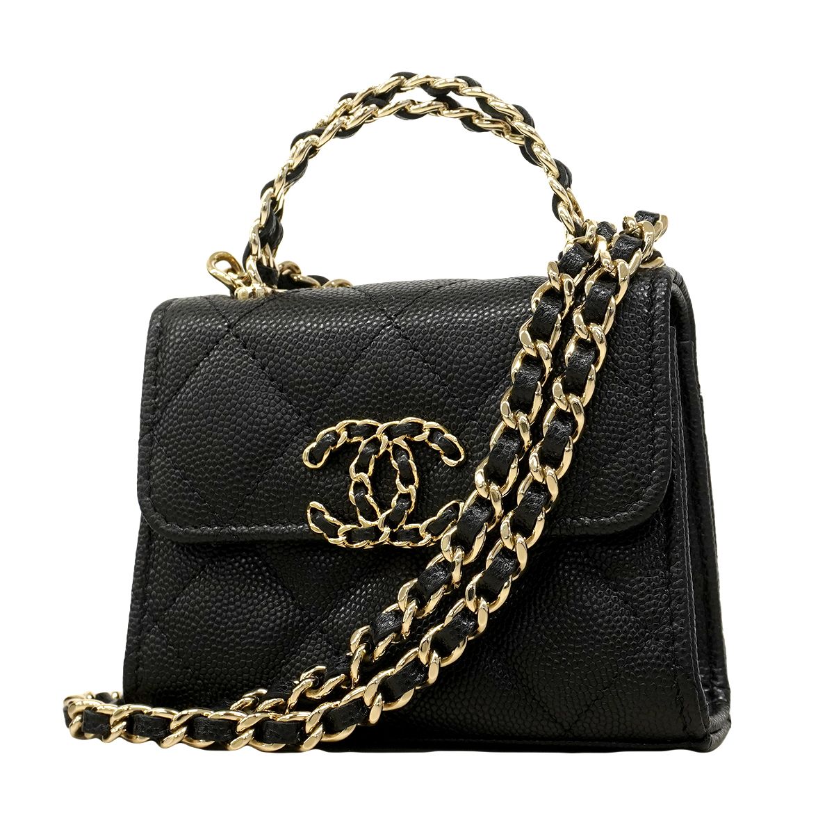 Chanel Handbag Mini Quilted Coco Handle Caviar Leather Black Champagne Gold