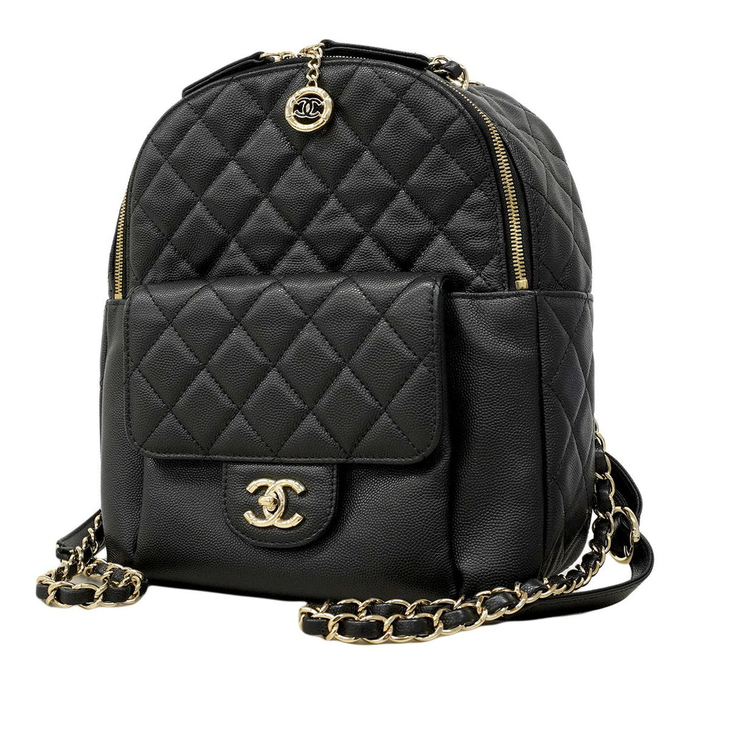 Chanel Backpack Quilted Caviar Leather Black Champagne Gold