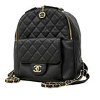 Chanel Backpack Quilted Caviar Leather Black Champagne Gold