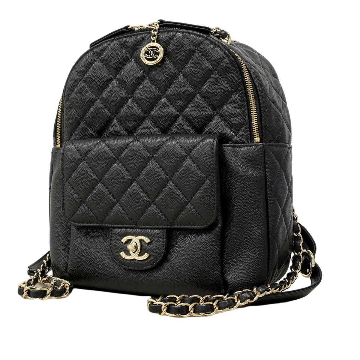 Chanel Backpack Quilted Caviar Leather Black Champagne Gold