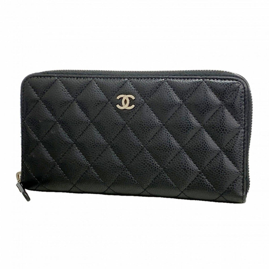 Chanel Wallet Quilted Caviar Leather Black Silver