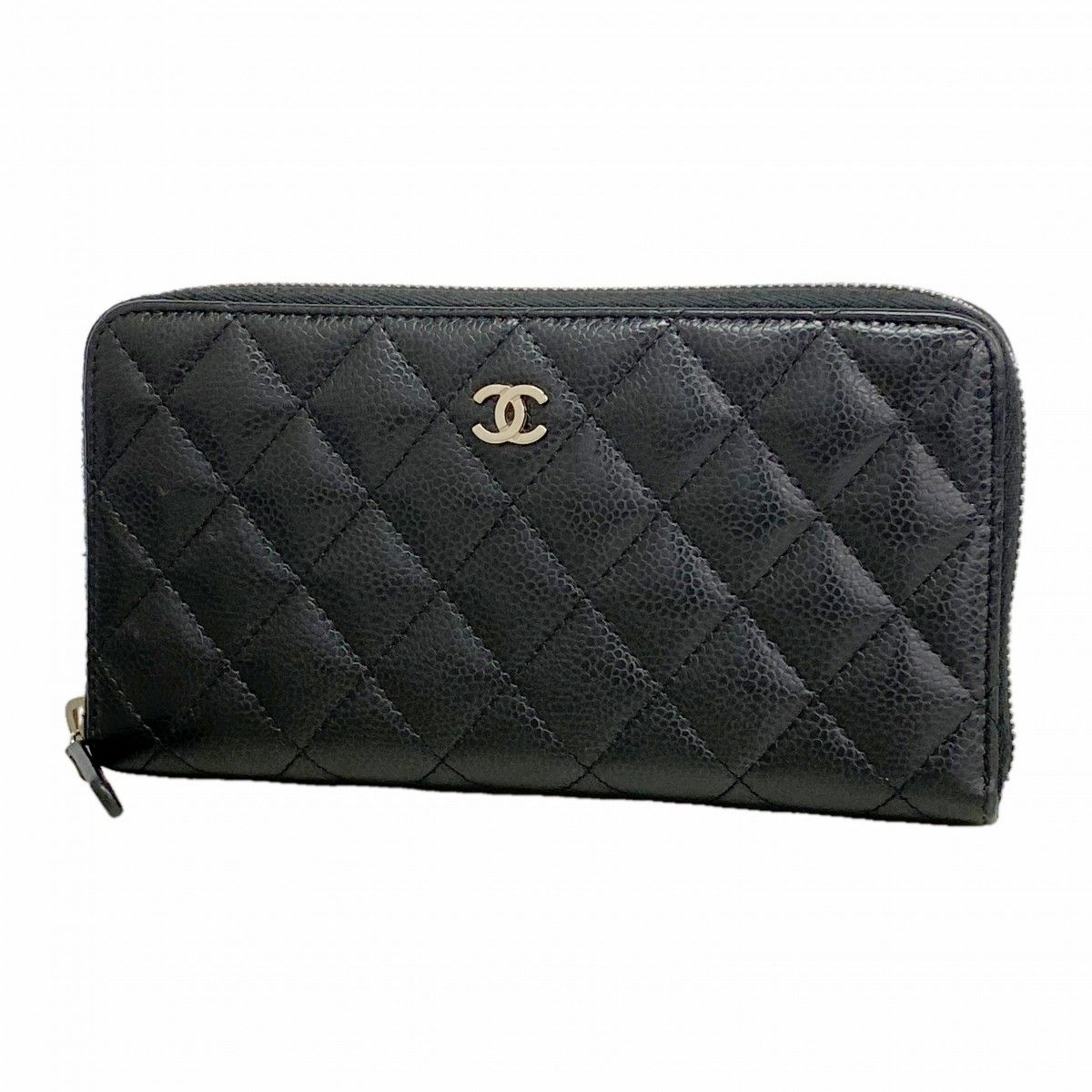 Chanel Wallet Quilted Caviar Leather Black Silver