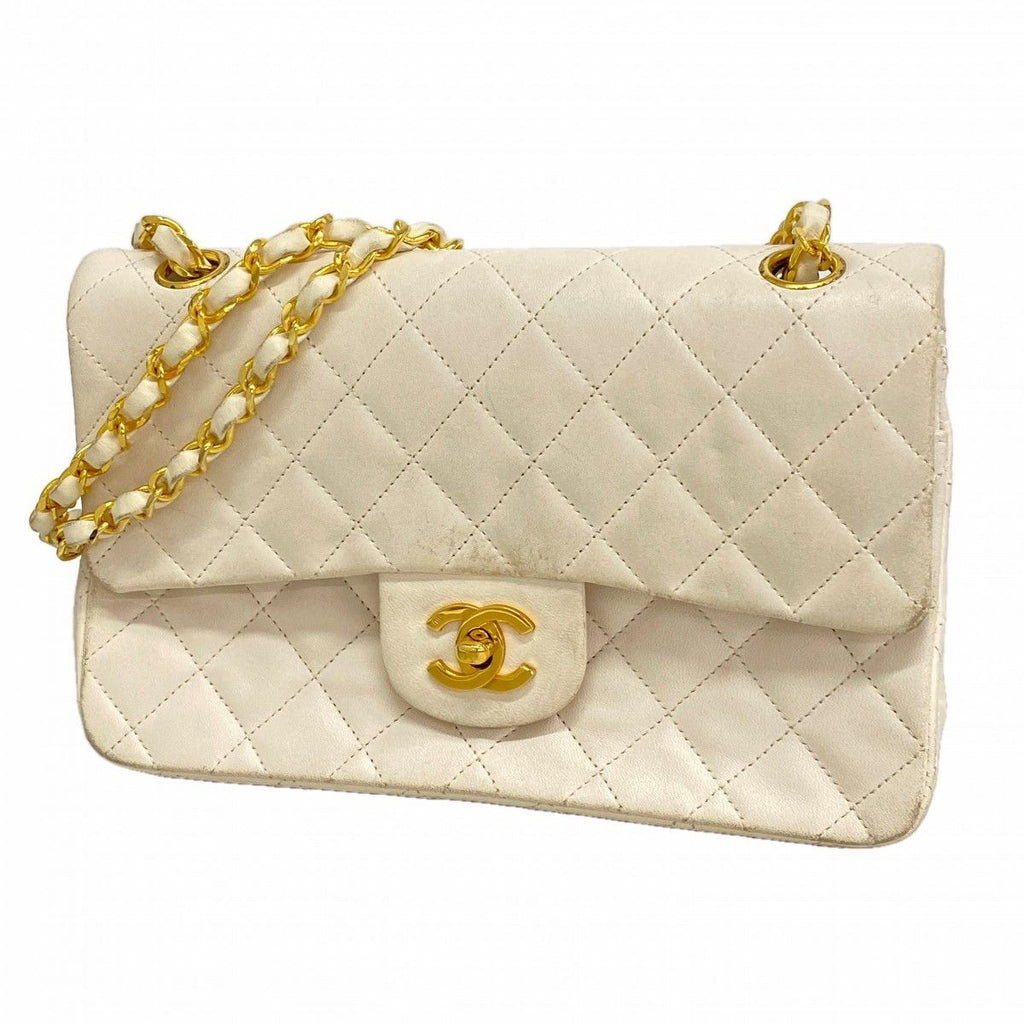 Chanel Shoulder Bag Quilted Lambskin White Gold