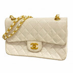 Chanel Shoulder Bag Quilted Lambskin White Gold