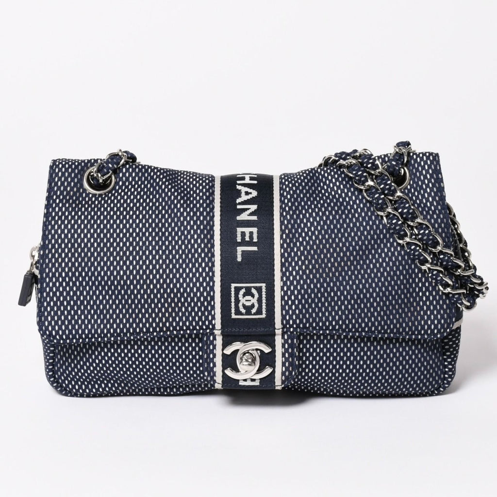 Chanel Sports Line Mesh Chain Shoulder Bag Fabric CC Logo CC Turnlock Navy