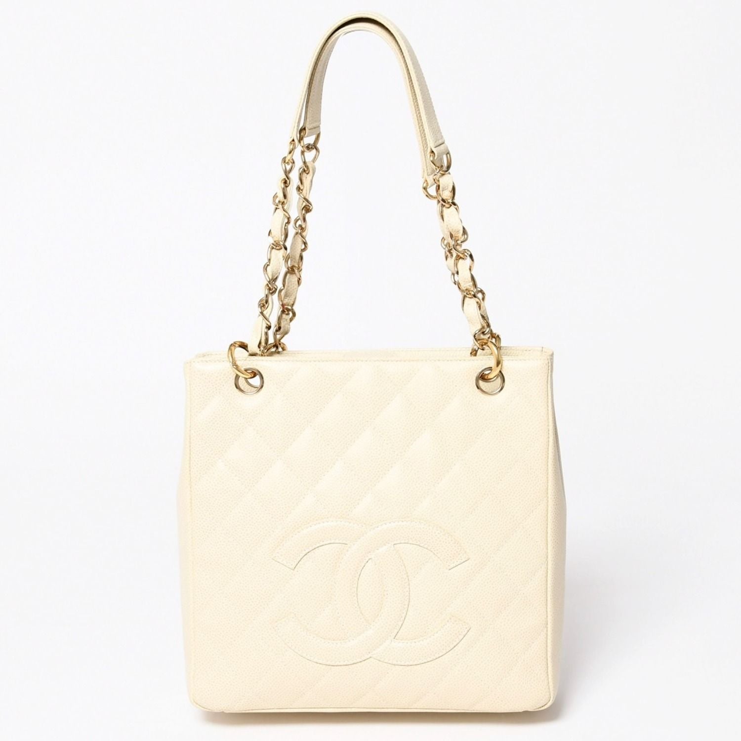 Chanel Petit Timeless Tote Bag Quilted Caviar Leather Light Beige CC Logo