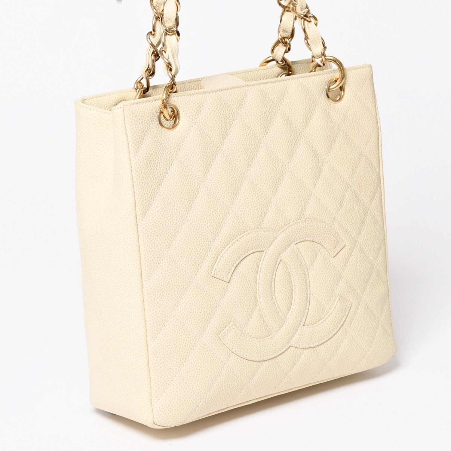 Chanel Petit Timeless Tote Bag Quilted Caviar Leather Light Beige CC Logo — view 3