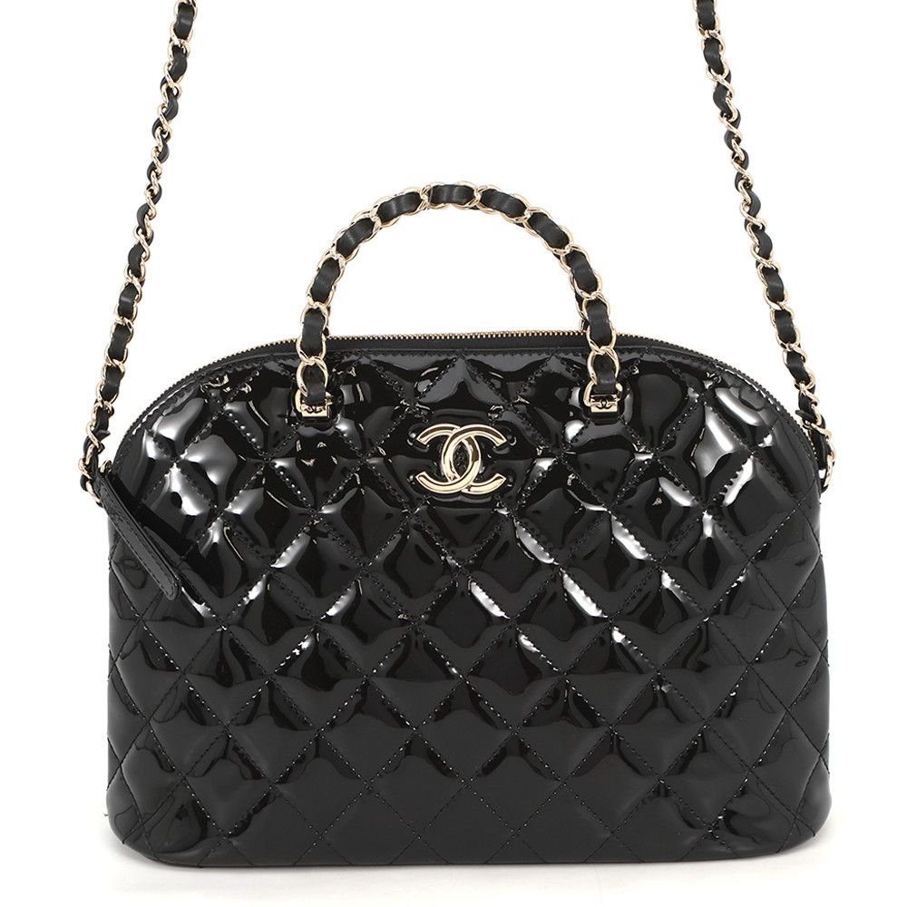 Chanel Chain Shoulder Bag CC Logo Quilted Patent 2-Way Black