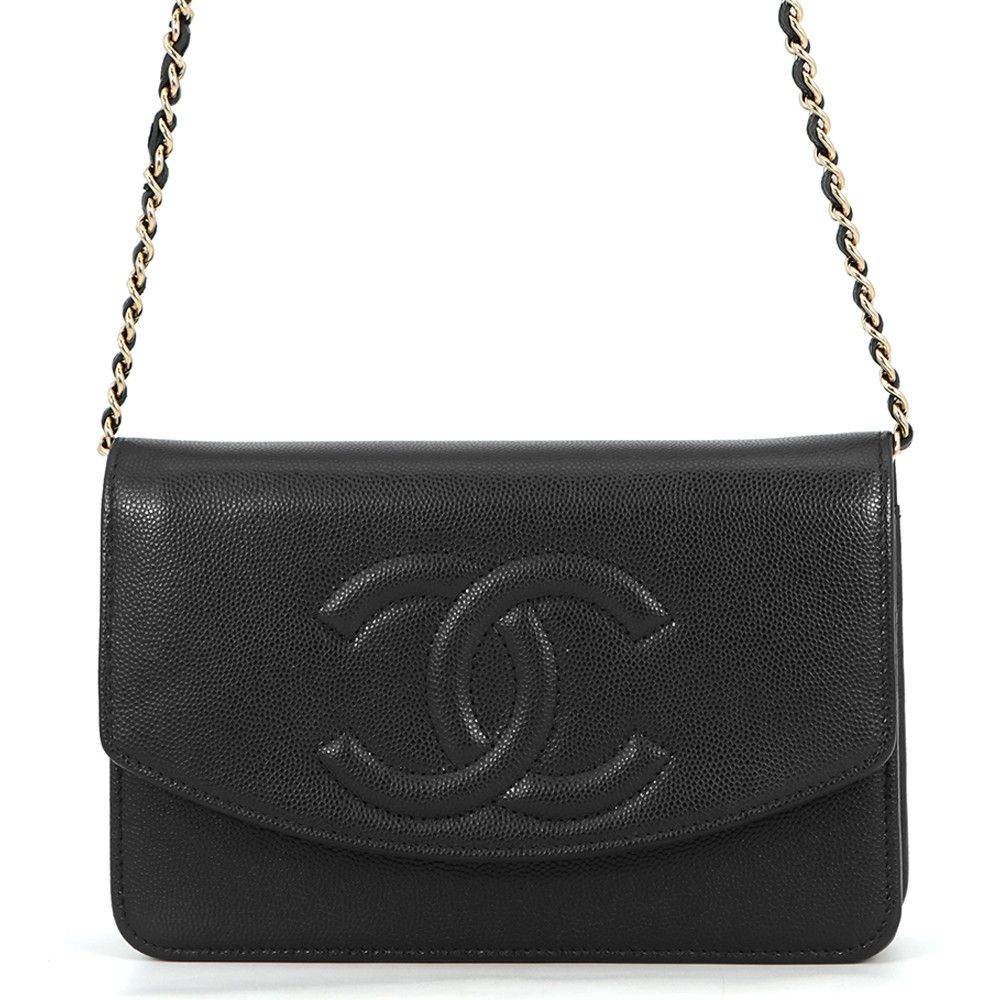 Chanel Chain Wallet CC Logo Caviar Leather Black