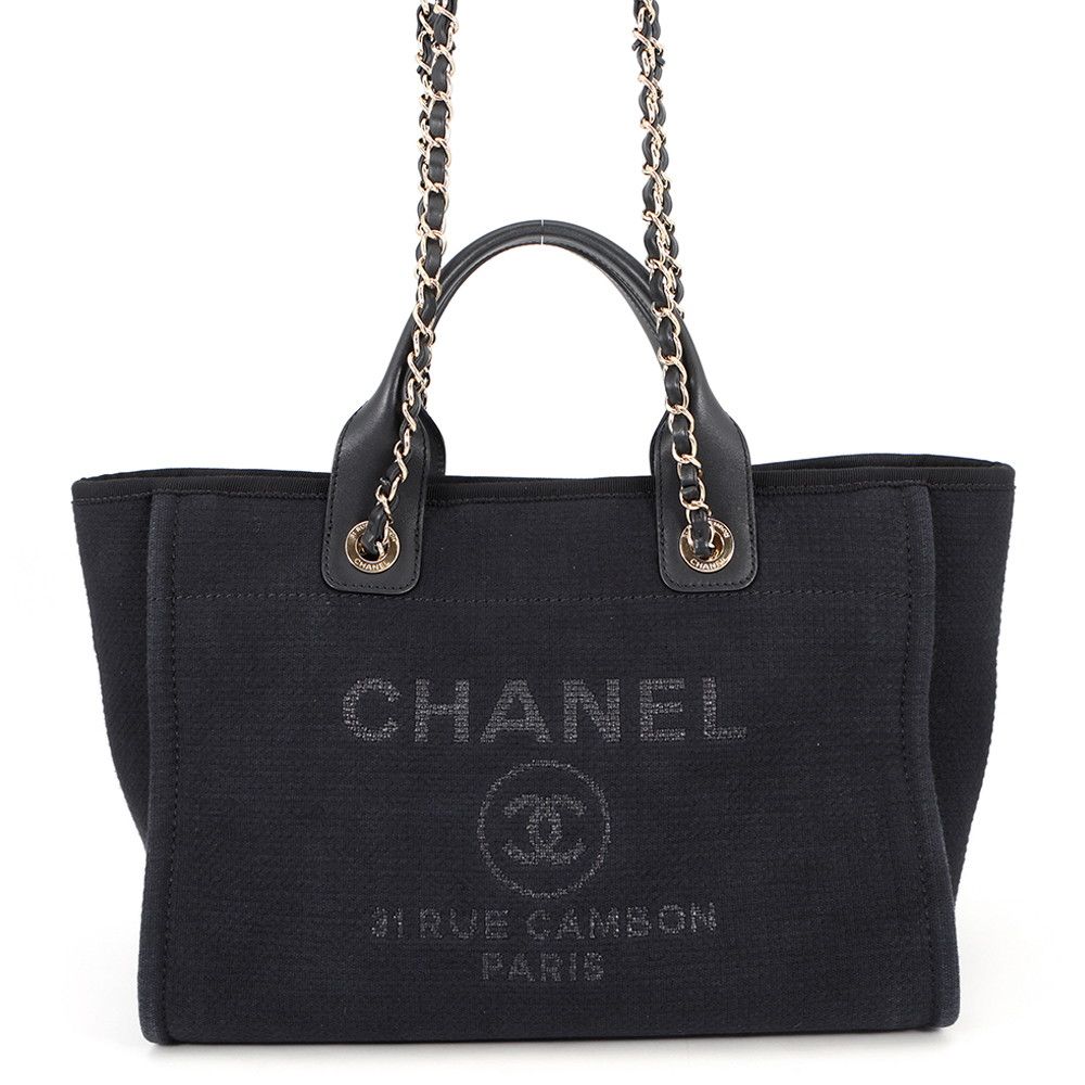 Chanel Tote Deauville CC Logo Small Shopping Canvas 2-Way Black