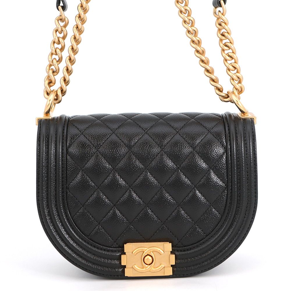 Chanel Chain Shoulder Bag Quilted CC Logo Boy Small Caviar Leather 2-Way Black