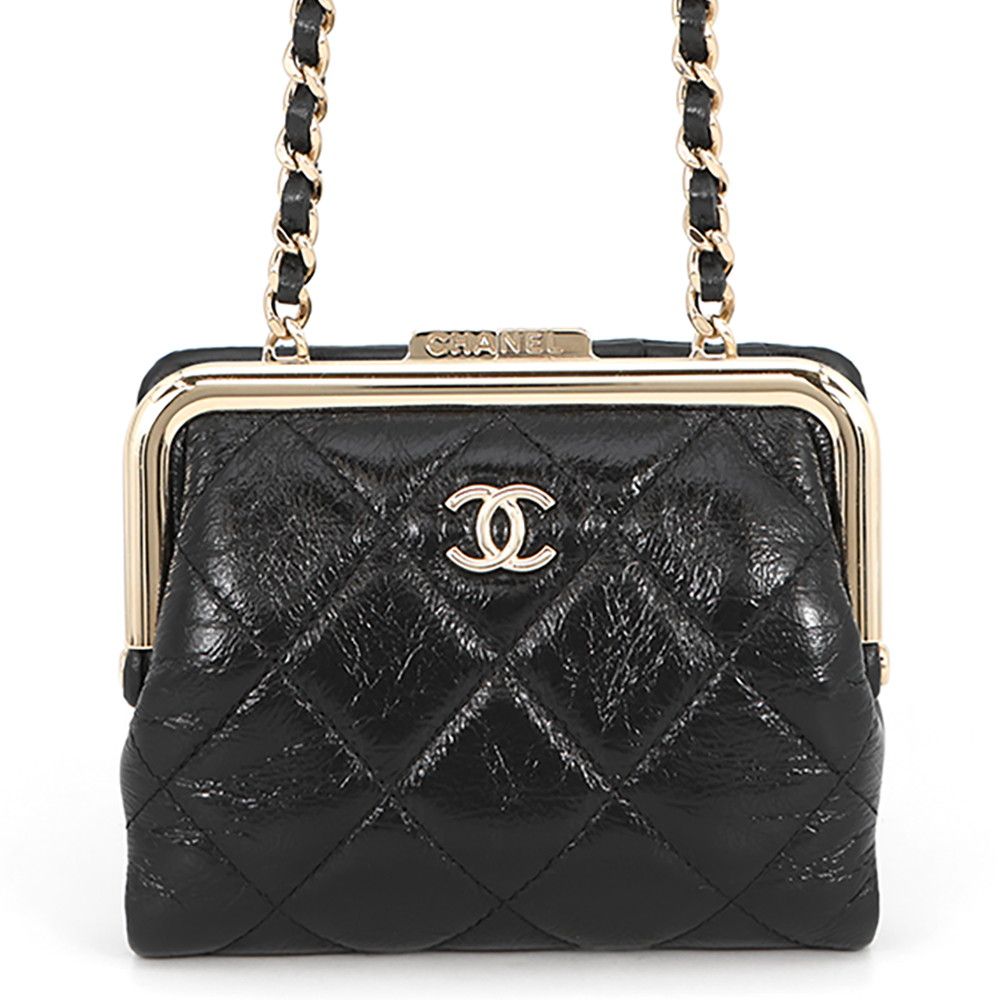 Chanel Chain Wallet Quilted CC Logo Kiss Lock Bifold Leather Black