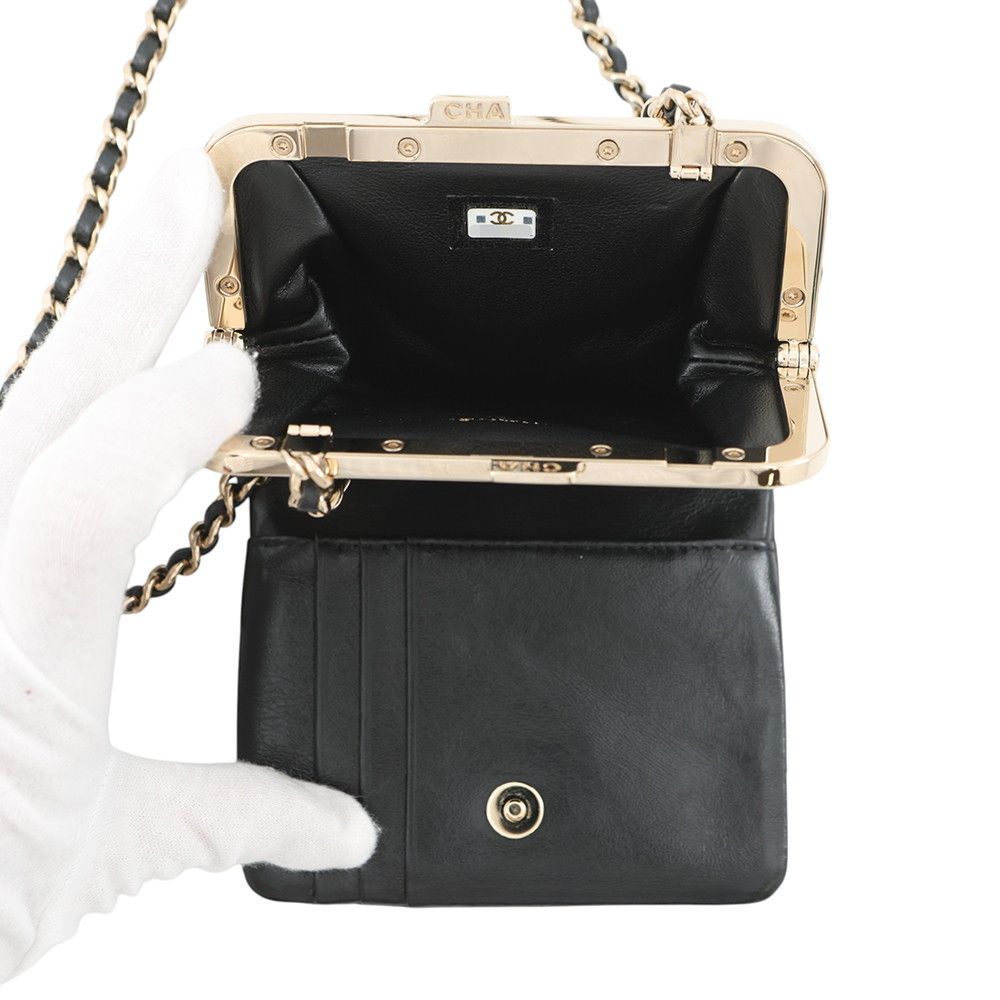 Chanel Chain Wallet Quilted CC Logo Kiss Lock Bifold Leather Black — view 6