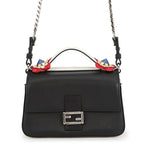 Fendi Shoulder Bag Double Micro Flower Baguette Leather Black White