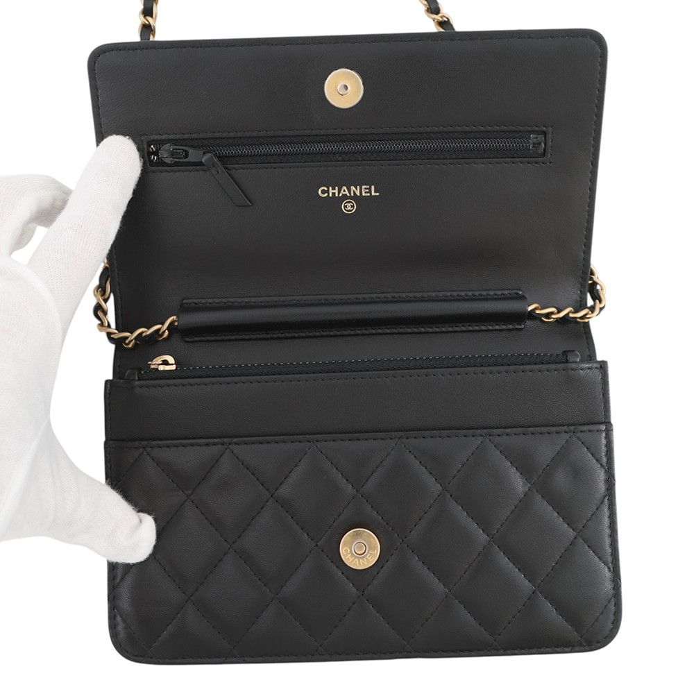 Chanel Chain Wallet Quilted CC Logo Egyptian Charm Lambskin Black — view 5