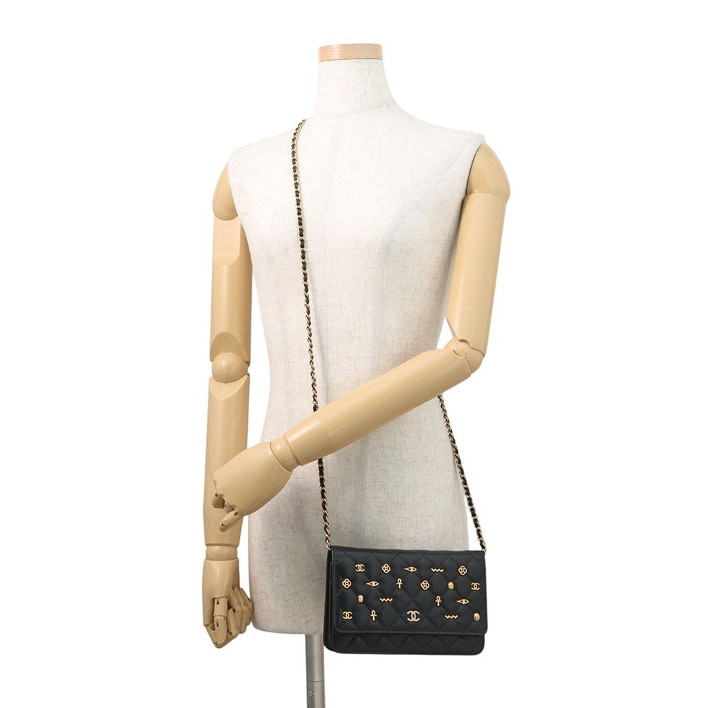 Chanel Chain Wallet Quilted CC Logo Egyptian Charm Lambskin Black — view 4