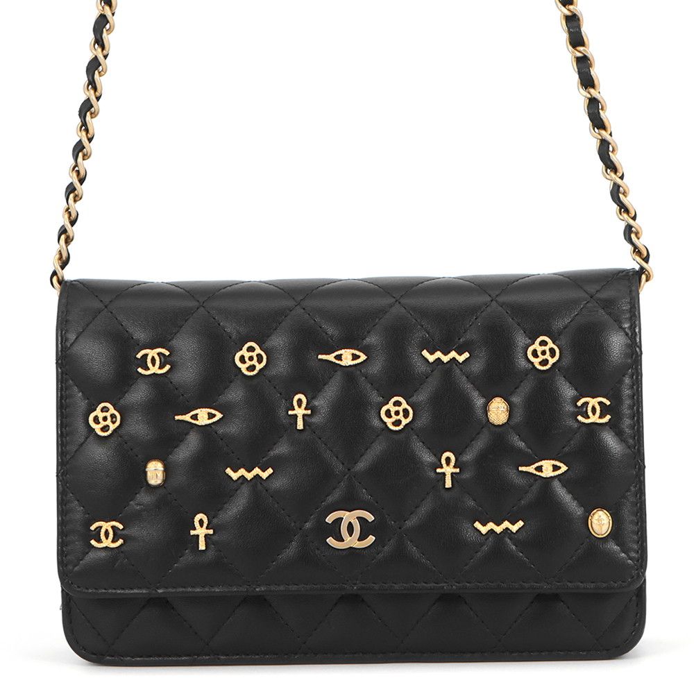 Chanel Chain Wallet Quilted CC Logo Egyptian Charm Lambskin Black