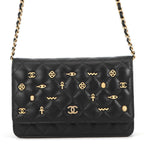 Chanel Chain Wallet Quilted CC Logo Egyptian Charm Lambskin Black