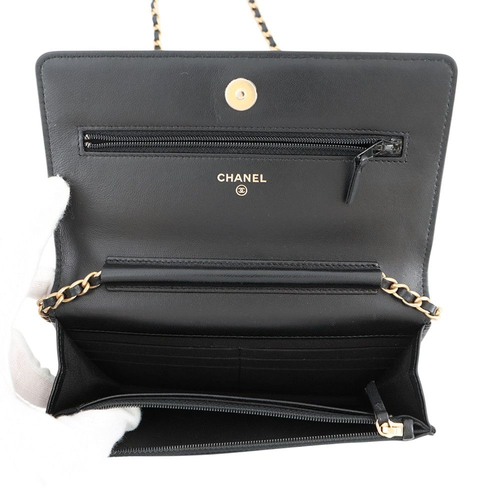 Chanel Chain Wallet Quilted CC Logo Egyptian Charm Lambskin Black — view 6