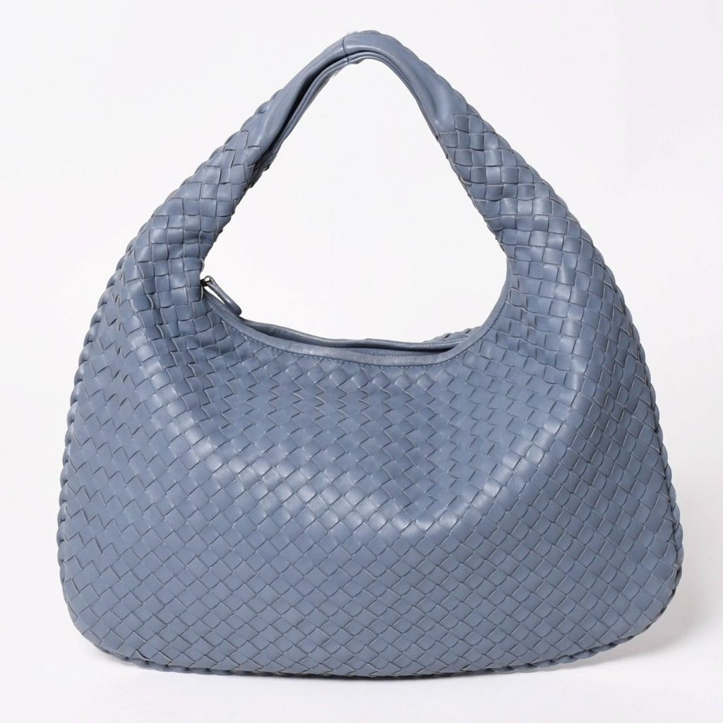 Bottega Veneta Intrecciato Hobo Handbag Blue Gray Black Metal Lambskin