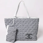 Chanel Cruise Collection Pile Beach Terry Cloth CC Logo White Gray Tote Bag