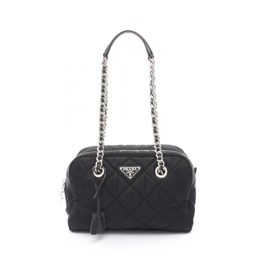 Prada Shoulder Bag Tessuto Impuntu Black Nylon Triangle Logo Quilted Chain