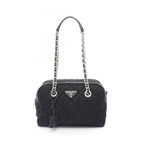 Prada Shoulder Bag Tessuto Impuntu Black Nylon Triangle Logo Quilted Chain